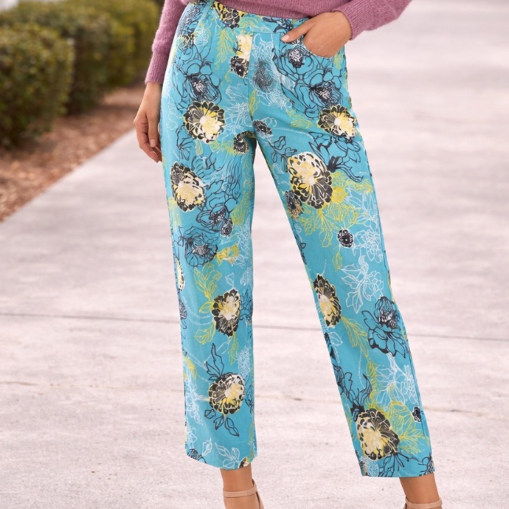 ETCETERA Turquoise Floral Trouser Pants Size 12